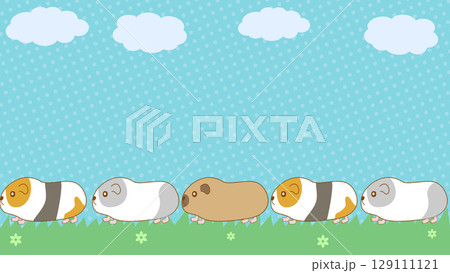 複数のモルモットが青空の草原で列を作り歩く可愛いフレーム背景 129111121