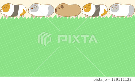 複数のモルモットが青空の草原で列を作り歩く可愛いフレーム背景 129111122