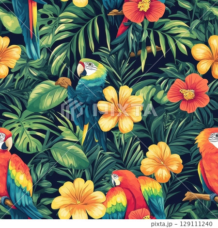Tropical Parrot Paradise Seamless Pattern 129111240