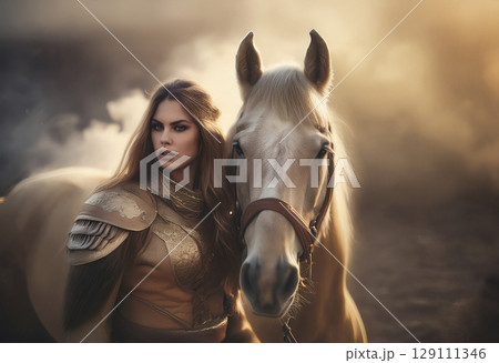 馬と西洋の女性の騎士 馬と西洋の女性の騎士 129111346