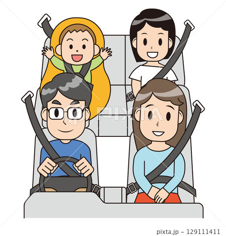 家族がシートベルトを着用して車に乗っているイラスト 129111411