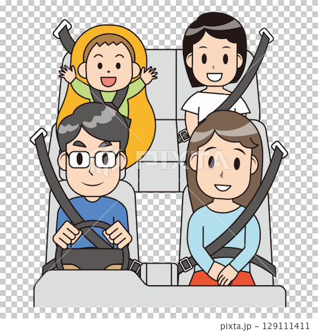 家族がシートベルトを着用して車に乗っているイラスト 129111411