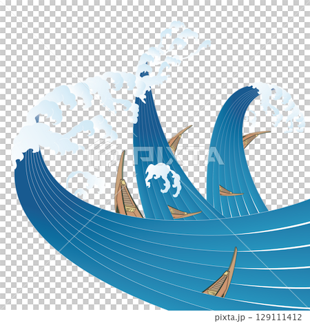 荒波の中を複数の船が進む様子を描いたイラスト 129111412