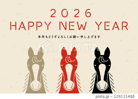 シンプルな版画風 午年用年賀状テンプレート 2026年 挨拶文入り シンプルな版画風 午年用年賀状テンプレート 2026年 挨拶文入り 129111488