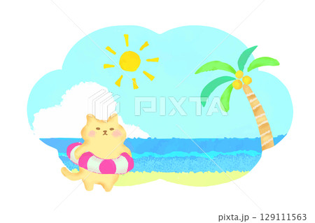 夏リゾート　浮き輪に入った猫のかわいい水彩イラスト 129111563