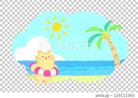 夏リゾート　浮き輪に入った猫のかわいい水彩イラスト 129111563