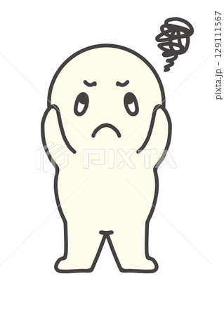 頭をかかえる　困る　考え中　シンプル　人物　丸顔　キャラクター 129111567