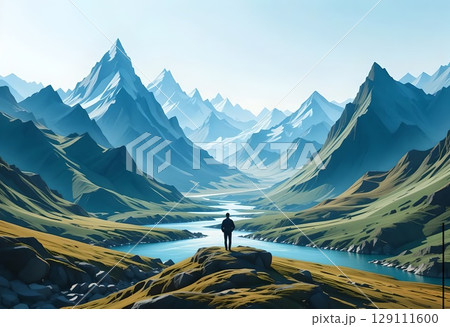 Mountain valley vista with lone traveler 129111600