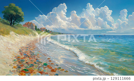 美しい石が広がるビーチ 129111666