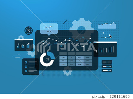Marketing performance dashboard with conversion metrics, engagement charts and automated reporting. Marketing performance dashboard for digital ad campaign optimization and growth vector illustration 129111696