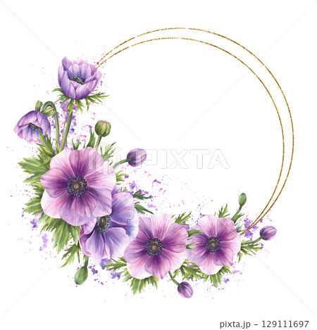 Anemone purple flowers buds and leaves gold framed wreath. Romantic bouquet on watercolor pink, violet splashes, spotted background Isolated hand painted circle illustration for wedding, greeting card 129111697