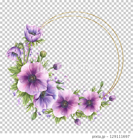 Anemone purple flowers buds and leaves gold framed wreath. Romantic bouquet on watercolor pink, violet splashes, spotted background Isolated hand painted circle illustration for wedding, greeting card 129111697