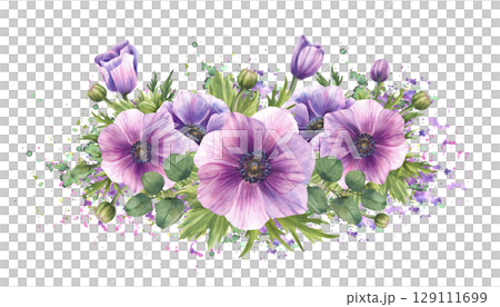 Anemone flowers with eucalyptus silver dollar romantic bouquet on watercolor purple, green, splashes, spotted background. Isolated hand drawn vibrant illustration floral for wedding, greeting card. Anemone flowers with eucalyptus silver dollar romantic bouquet on watercolor purple, green, splashes, spotted background. Isolated hand drawn vibrant illustration floral for wedding, greeting card. 129111699