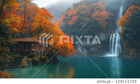 紅葉と滝 129111720