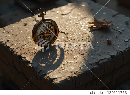 Antique Pocket Watch on Stone, Time, Rust, and Nature Antique Pocket Watch on Stone, Time, Rust, and Nature 129111758