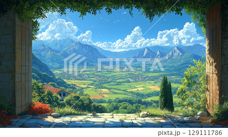 窓から見る田舎の風景のイラスト素材 [129111786] - PIXTA