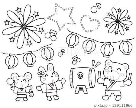 塗り絵・動物たちの夏祭り 129111966