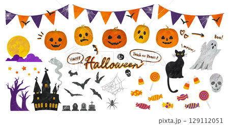 ハロウィンのイラスト素材セット　カボチャ、こうもり、お菓子などの手描き風のベクターイラスト 129112051