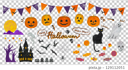 萬聖節插圖集:南瓜、蝙蝠、糖果等手繪向量插圖。 萬聖節插圖集:南瓜、蝙蝠、糖果等手繪向量插圖。 129112051