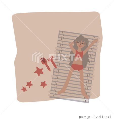 Tanned girl with curly hair sunbathing on the sand. Square scene. Vector illustration for advertising, poster, postcard or brochure about tourist complex or resort. Tanned girl with curly hair sunbathing on the sand. Square scene. Vector illustration for advertising, poster, postcard or brochure about tourist complex or resort. 129112251