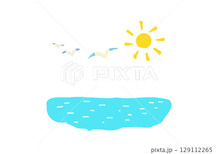 夏イメージ　カモメと海と太陽の手描きイラスト素材 129112265