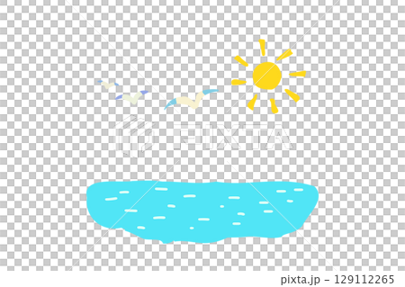 夏イメージ　カモメと海と太陽の手描きイラスト素材 129112265