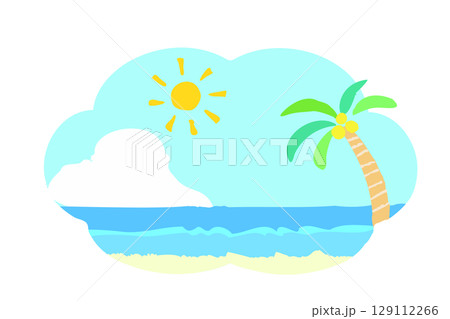 夏イメージ　海・青空・ヤシの木の風景　手描きイラスト 129112266