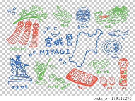 A set of cute and relaxed Miyagi prefecture illustrations (pen drawings) 129112270