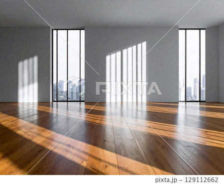 Bright room with a white sphere casting gentle, delicate shadows on the floor 129112662
