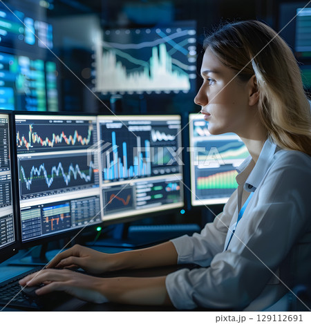 Financial Analyst Reviewing Data on Multiple Monitor Financial Analyst Reviewing Data on Multiple Monitor 129112691