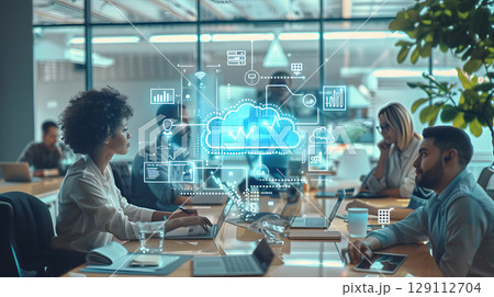 Generate an image of a tech startup team brainstormi 129112704