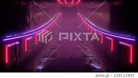 3D rendering illustration. Sci-Fi futuristic abstract gradient blue violet pink neon. A glowing corridor on the reflection of the concrete floor. A dark interior room. 129112935