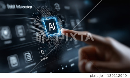 Futuristic user interface with a glowing AI button being activated by a finger, symbolizing artificial intelligence technology and digital innovation. 129112940