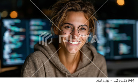 Smiling female programmer wearing glasses and hoodie, sitting in front of multiple monitors displaying code in a dimly lit workspace. 129112944