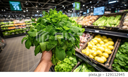 A fresh bunch of mint leaves held in hand at a supermarket produce section, with vegetables and greens displayed in the background. 129112945