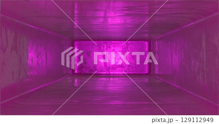 3D rendering. Futuristic corridor with old metal walls and floor, illuminated by ultraviolet light. Apocalyptic scene. 129112949