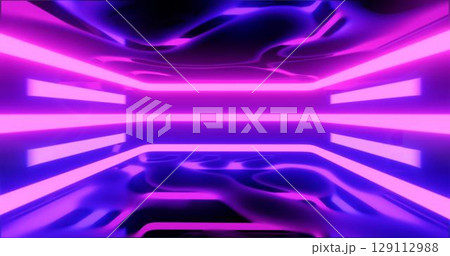 3D Rendering. Geometric figure in neon light against a dark tunnel. Laser glow. 129112988