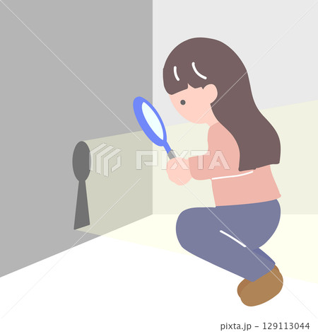 小さな鍵穴をしゃがんで虫眼鏡で見ようとしている女性のイラスト 129113044