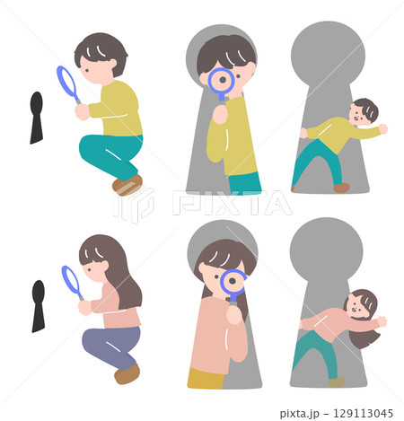 鍵穴と若い男性・女性のイラストセット　課題解決や謎解き向けのイラスト 129113045