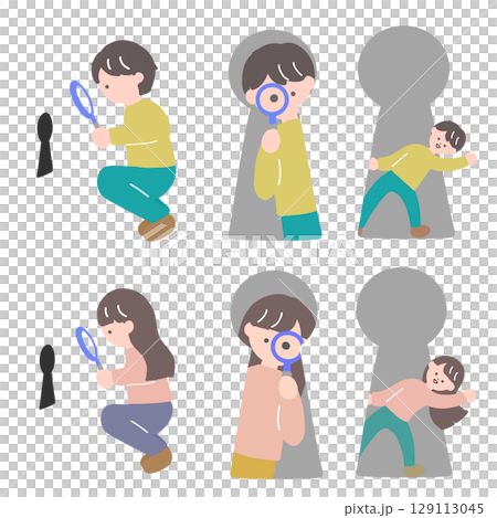 鍵穴と若い男性・女性のイラストセット　課題解決や謎解き向けのイラスト 129113045