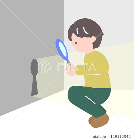 小さな鍵穴をしゃがんで虫眼鏡で見ようとしている男性のイラスト 129113046
