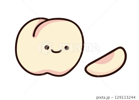 カットされた白桃とそのままの白桃のかわいいイラスト 129113244