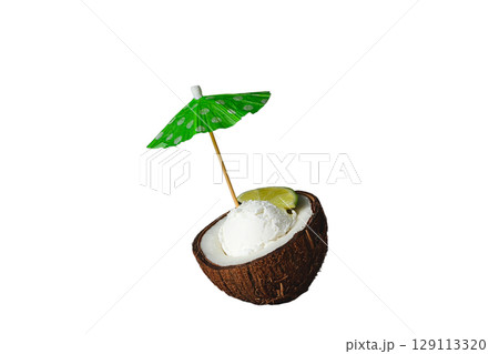 Coconut with ice cream and an umbrella, isolated on white, PNG Coconut with ice cream and an umbrella, isolated on white, PNG 129113320
