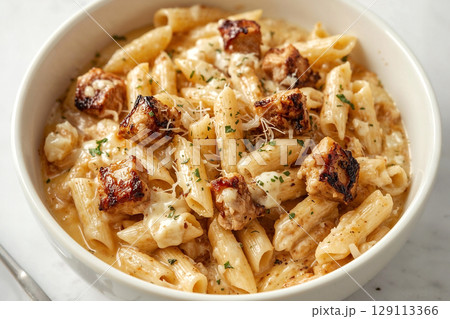 Gourmet pasta dish featuring penne in a rich, creamy Alfredo sauce with tender grilled chicken. Garnished with parmesan and parsley, it's a perfect restaurant-quality meal. 129113366