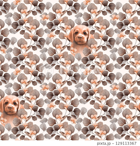 Charming seamless pattern featuring adorable golden retriever puppies peeking out from leaves in soft beige and brown hues. 129113367