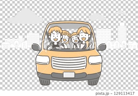 ドライブをする笑顔の家族／ファミリーのベクターイラスト 129113417