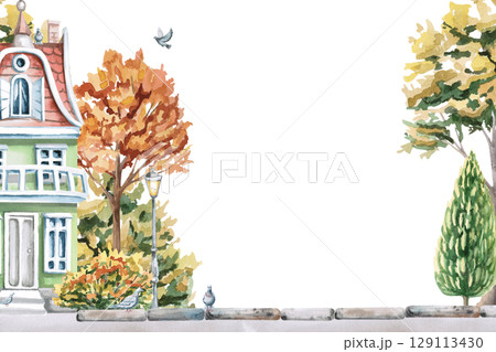 Rectangular frame with a city green house and lanterns against the background of autumn trees. Isolated watercolor illustration for the design of seasonal menus, announcements, excursion posters. 129113430