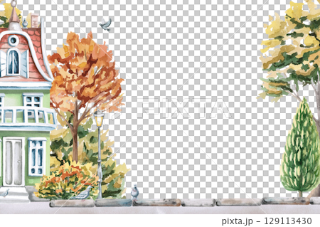 Rectangular frame with a city green house and lanterns against the background of autumn trees. Isolated watercolor illustration for the design of seasonal menus, announcements, excursion posters. 129113430