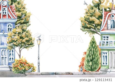 Rectangular frame with city houses and lanterns against the background of autumn trees. Isolated watercolor illustration for the design of seasonal menus, announcements, excursion posters. 129113431