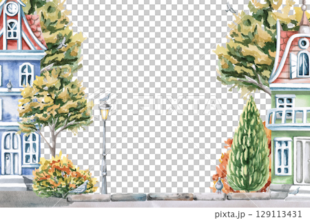 Rectangular frame with city houses and lanterns against the background of autumn trees. Isolated watercolor illustration for the design of seasonal menus, announcements, excursion posters. 129113431